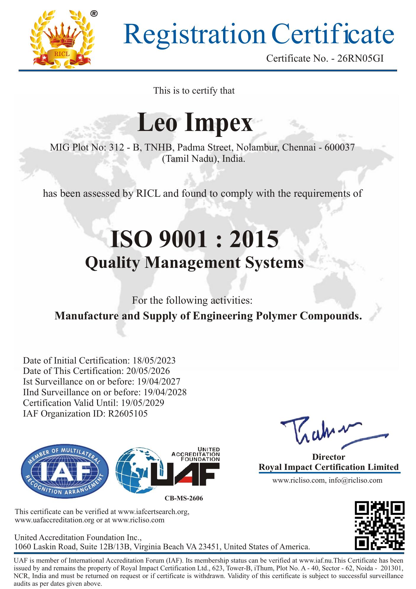 ISO 9001:2015 Certificate of Registration for Leo Impex